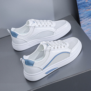 Zapatos para caminar de malla blanca para mujer, con punta redonda, con cordones, transpirables, antideslizantes, suela suave, zapatillas informales de verano - Product Image 2