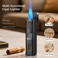 Briquet à cigares de luxe 4-en-1 en cuir, rechargeable au gaz butane, avec torche à 3 flammes, vente en gros
