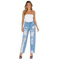 Nuevos Jeans de Mezclilla Rotos al por Mayor con Diseño de Moda para Mujer, Pantalones Sueltos Azules Estilo Mom y Boyfriend de Cintura Alta
