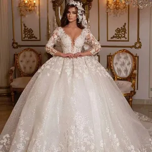 2023 Lace Wedding Dresses Princess Ball Gown Beading Bridal Gowns Shinny Tulle Long Sleeves Ivory Dubai Marriage Dress