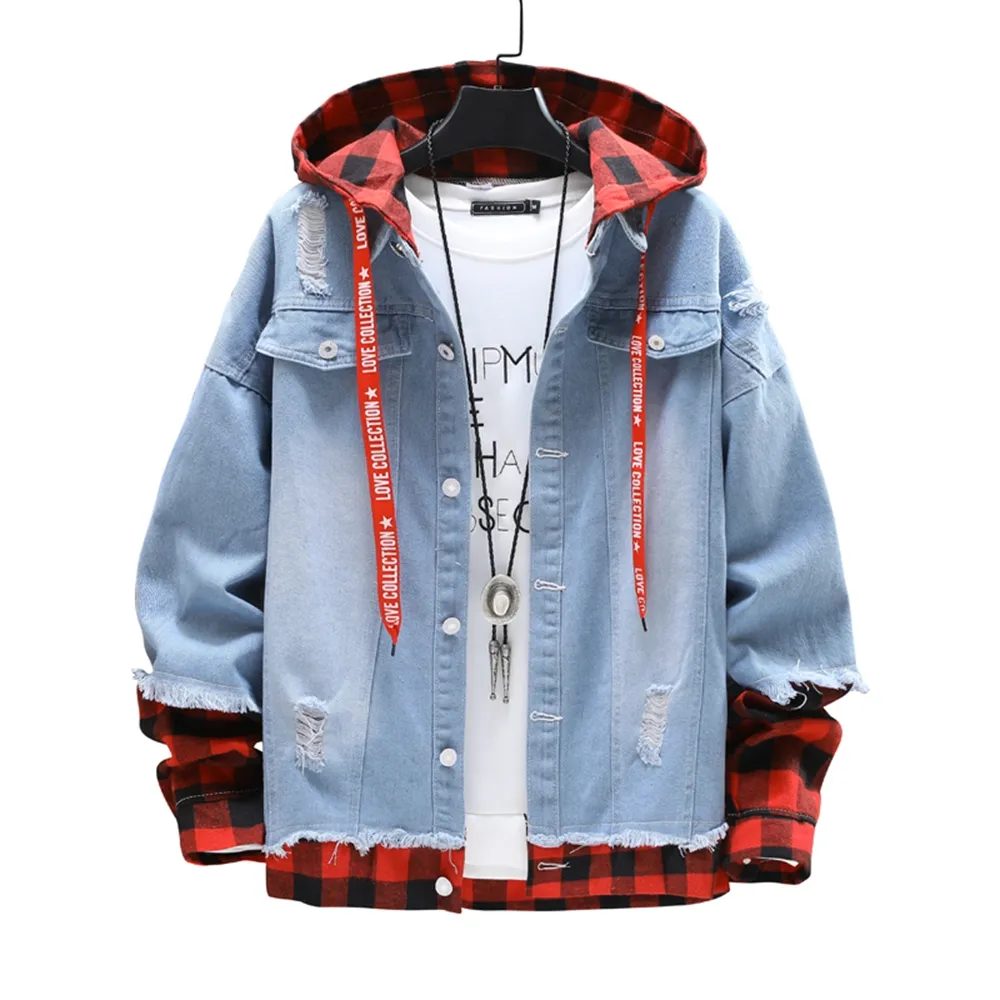 OEM/ODM Jacket Men 2021 Spring and Autumn New Fashion Casual Men Spliced Ripped Hooded Slim Men's Single-breasted Denim Jacket