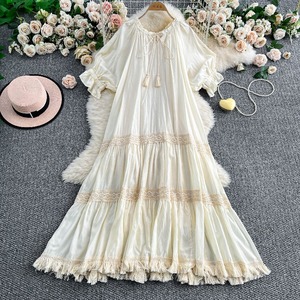 Abito da <span class=keywords><strong>donna</strong></span> all'ingrosso, nuova collezione estate 2026, elegante, di tendenza, retrò, dolce, con maniche a lanterna allacciate e frange. - Product Image 1