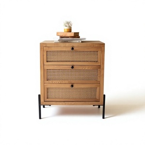 Wooden <b>Bedside</b> <b>Table</b> <b>with</b> Three Woven Cane <b>Drawers</b> For Home Bed Room Guest Room Storage Display - Product Image 1