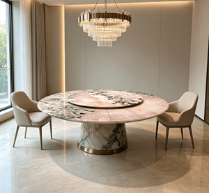 Table à manger moderne en granit rose naturel de luxe avec plateau tournant Lazy Susan, pieds en métal, 8 places, mobilier de maison - Product Image 5
