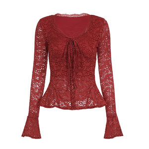 Blusa Elegante Casual de Mujer con Cuello V de Encaje Rojo, Manga Larga, Lazo Frontal y Mangas Acampanadas, Nuevo Estilo 2026 - Product Image 6