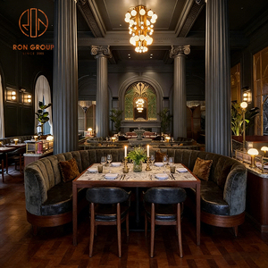 Table et chaise de <span class=keywords><strong>restaurant</strong></span>, banquette et mobilier de café vintage en pierre frittée carrée, avec cadre en bois et revêtement en velours, pour une assise en demi-cercle - Product Image 1