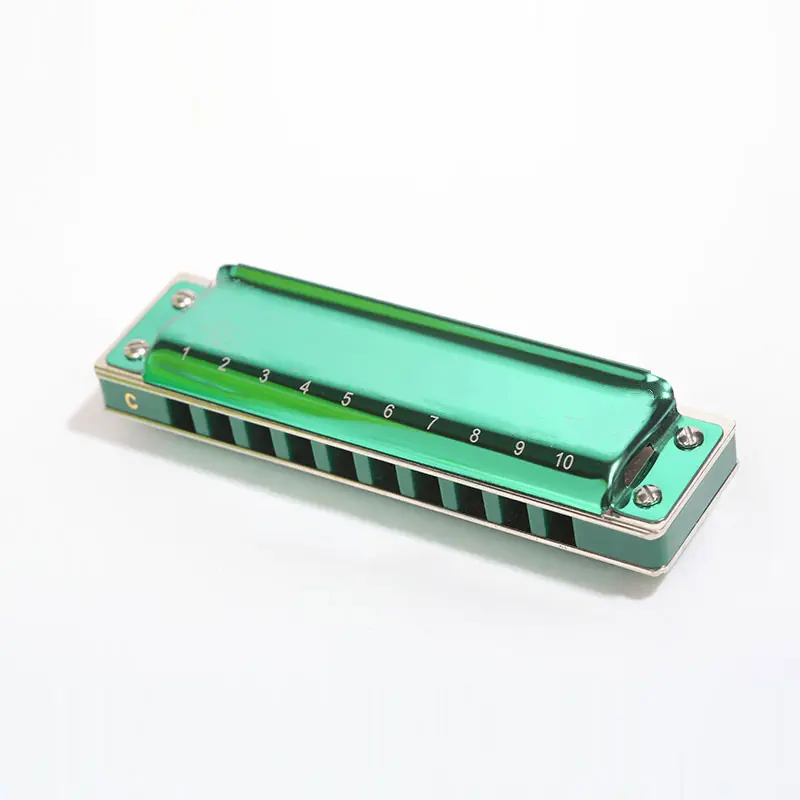 high quality blues 10 holes harmonica diatonic green musical instrument stainless steel cover harmonica for practicing