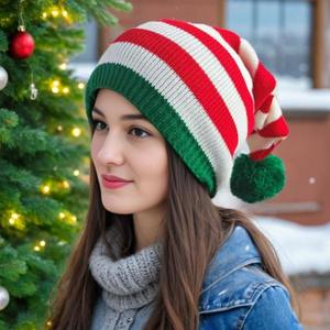 Chapeaux de Noël pour hommes personnalisés tricotés à rayures Chapeau de Père Noël en peluche rouge classique avec <span class=keywords><strong>pompon</strong></span> à bordure blanche pour la fête de Noël - Product Image 3