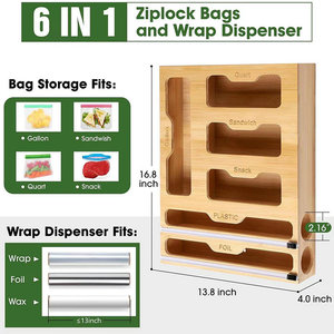 Bamboo plastic wrap <b>box</b> with cutter, pull-out <b>kitchen</b> <b>storage</b> container for plastic wrap, waste plastic bags, and dividers. - Product Image 3