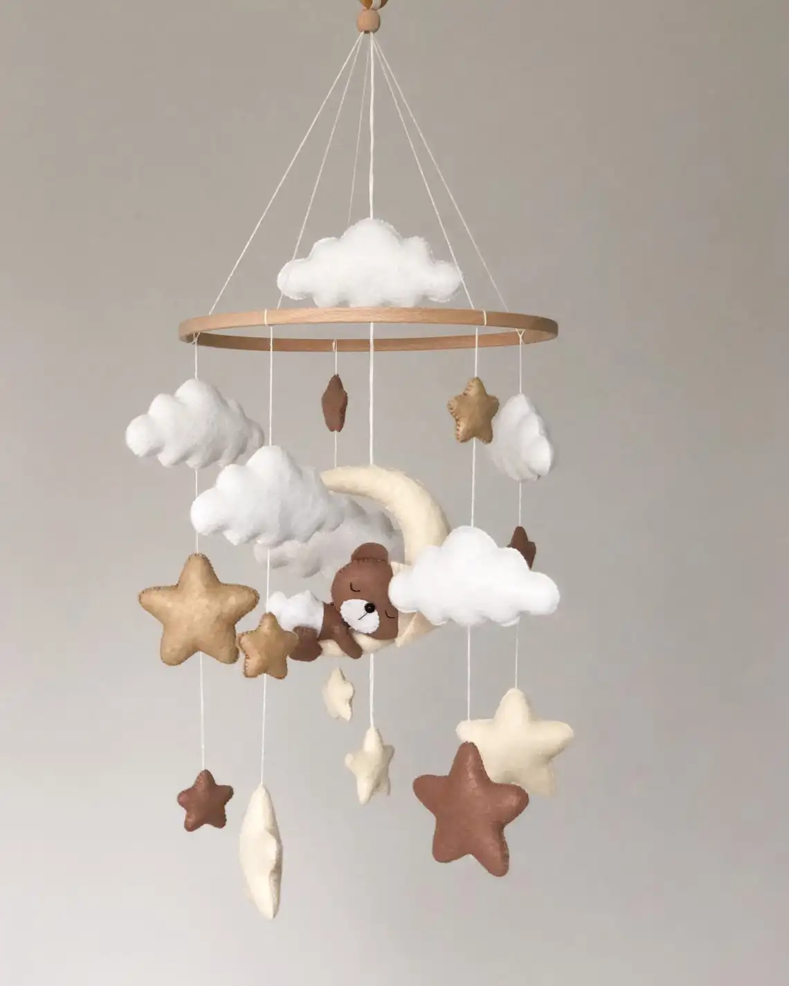 Nursery Baby mobile bear on the moon Neutral mobile crib Stars and clouds mobile