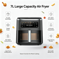 ANBOLIFE 1700W 7L Friteuse à vapeur sans PFAS AF729, commande par panneau, 10 programmes de cuisson prédéfinis, pot et grille antiadhésifs, compatible OEM&ODM