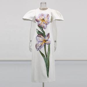 Robe longue décontractée pour femme OUDINA, nouvelle robe à col rond, manches bouffantes, élégante, brodée de fleurs - Product Image 5