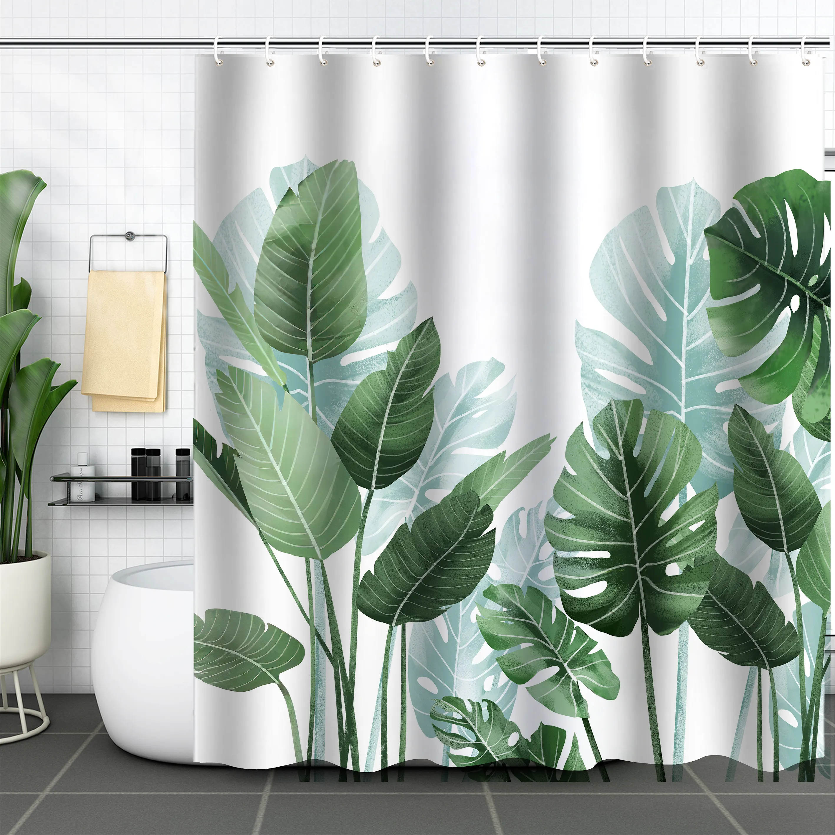 Hot Sell 3D Custom Digital Print Tropical Leaves Waterproof Polyester Fabric Shower Curtain with Hooks