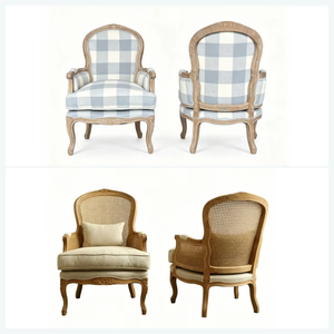 French Modern Accent Chair 2 Back Options Hand-Carved Solid <b>Oak</b> <b>Frame</b> 100% Blue Check Linen Upholstered Armchair Living Room - Product Image 2