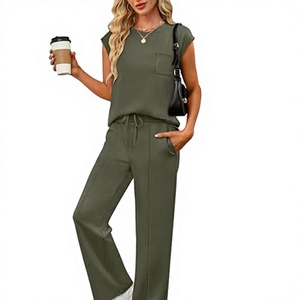 Women's 2026 <b>Two</b>-<b>Piece</b> Summer Travel Vacation Sleeveless Matching Solid <b>Lounge</b> <b>Set</b> Wide Leg Pants Green 100% Nylon Drawstring - Product Image 3