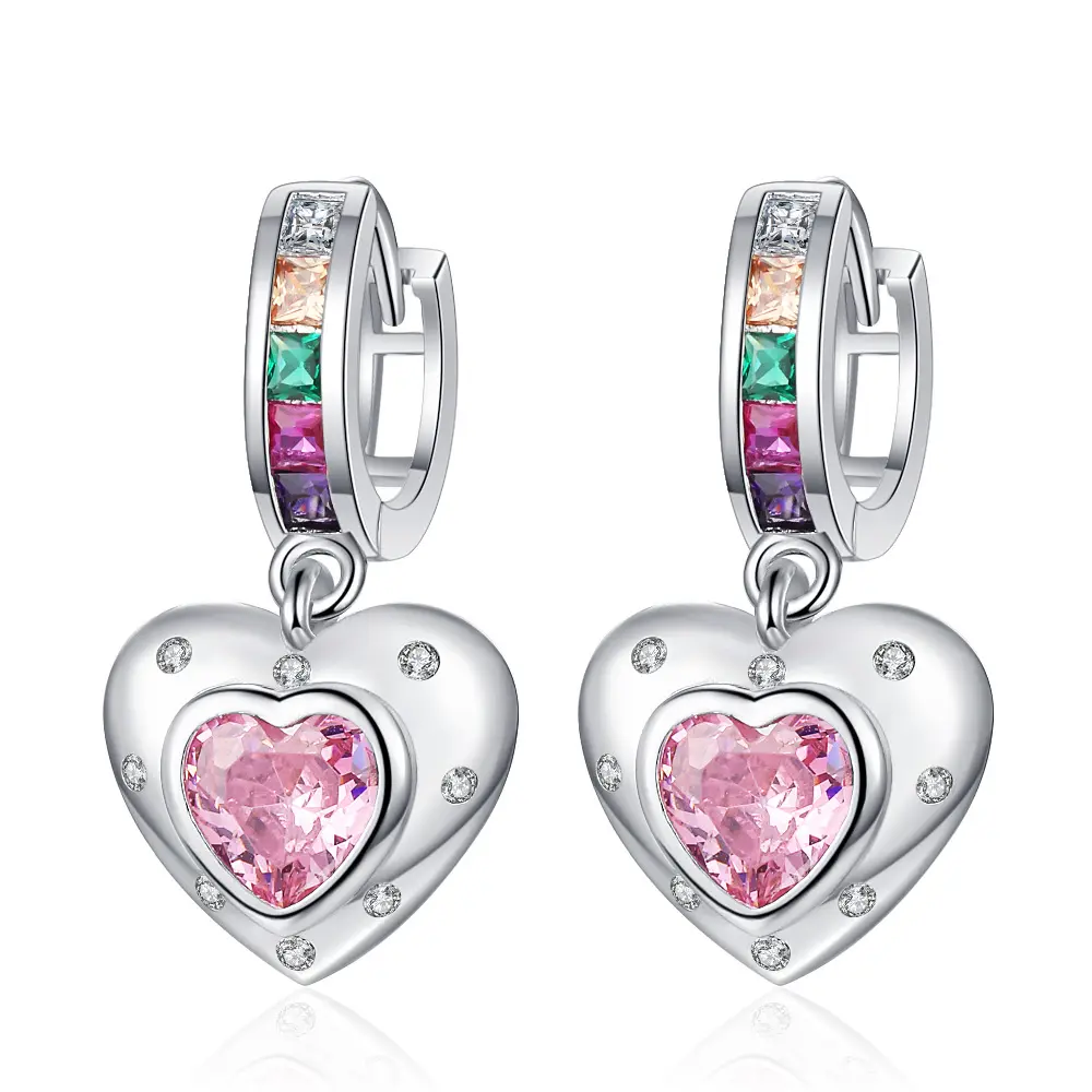 Better Quality Collection Silver Rainbow Heart Shape Pink Love Huggie Drop Dangle Earrings for Teen Girls