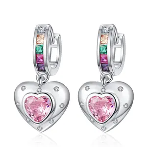 Better Quality Collection Silver Rainbow Heart Shape Pink Love Huggie Drop Dangle Earrings For Teen Girls