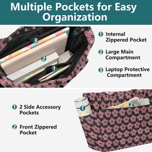 Sac fourre-tout matelassé en polyester pour femme, motif fleur de hau rose hawaïenne, réutilisable, grand format, avec fermeture éclair et logo personnalisé imprimé - Product Image 4