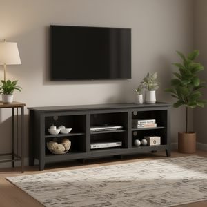 Meuble TV Benito de 70 pouces en gris foncé avec étagères ouvertes et gestion des câbles intégrée - Product Image 2