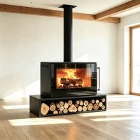 Cheminée en bois autoportante moderne à écran intégral certifiée CE, haute efficacité 89 %, chauffage 19/23 kW pour villa, hôtel, restaurant