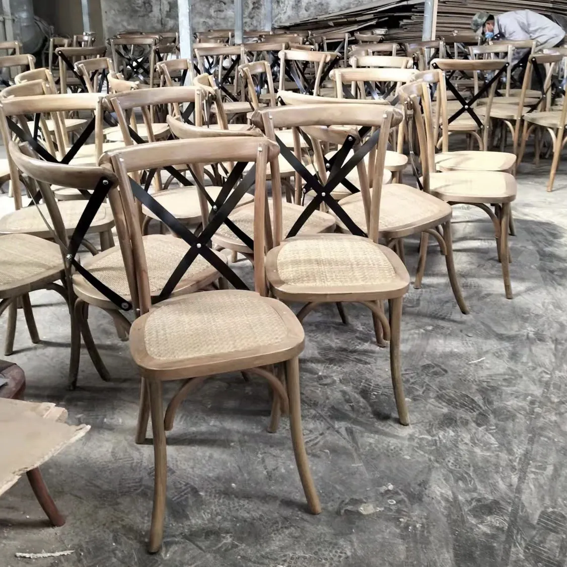 Antique Design Solid Birch Wood Cross X Back Stackable Dining rattan mat Chair For Event Wedding And Household Use