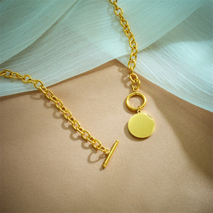 European American Fashion Minimalist Round Plaque OT Buckle Titanium Steel Chain Necklace Gold Everyday Wear - Product Image 3
