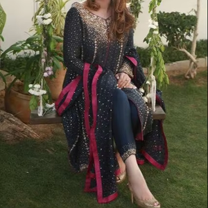 2019 elegante indio y paquistaní hasta el suelo Kurta con pantalón bordado pesado de talla grande vestido de boda/fiesta para mujer - Product Image 2