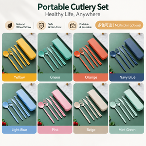 Juego de cubiertos portátil de paja de trigo con estuche, cuchara, tenedor, cuchillo y palillos reutilizables, juego de utensilios de viaje - Product Image 3