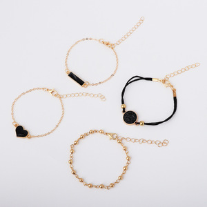 Heart <b>Black</b> Stone <b>Wrap</b> Bracelets Gold Plated Women's Trendy Everyday Wear 4pcs Set - Product Image 2