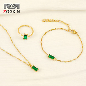 Zogxin Jewelry <b>Set</b> Gold Plated Stainless Steel Green Zircon Necklace <b>Bracelet</b> Ring Geometric Design Gift For Women - Product Image 1