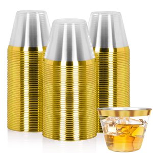 9 Oz plastik Tumblers altın çerçeveli bardak fantezi tek kullanımlık düğün zarif parti bardakları altın jant bardak - Product Image 6