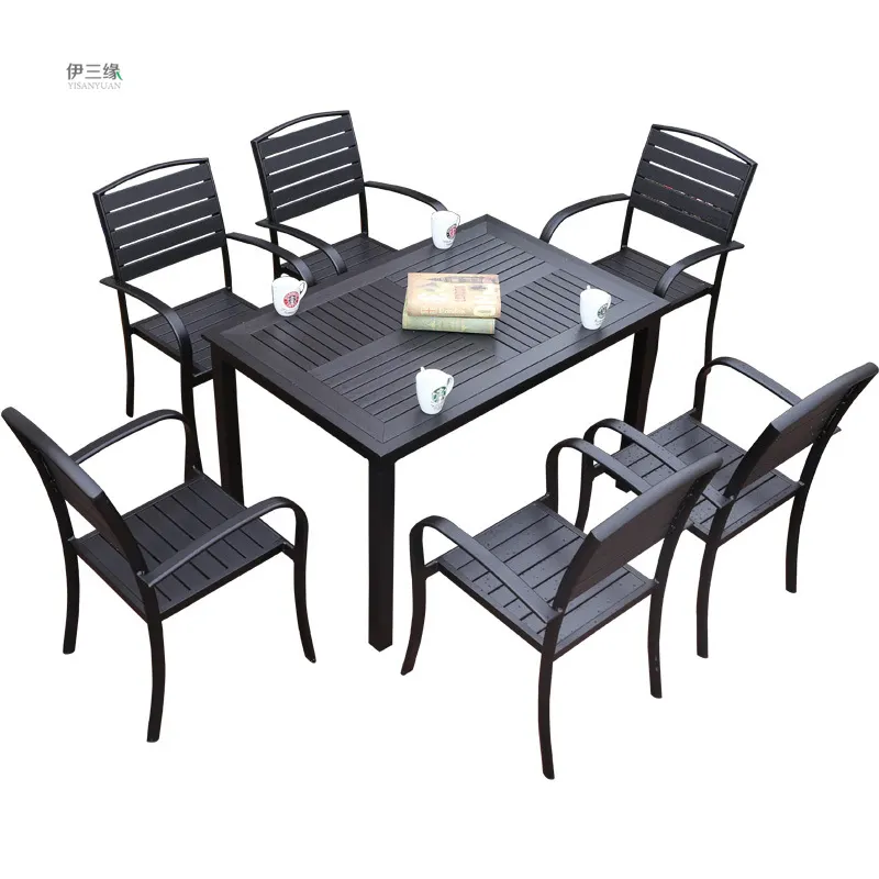 Set da pranzo all'aperto nero legno e alluminio Set da tavolo con struttura in plastica pila sedie mobili da esterno