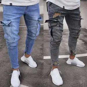 Calça jeans grande masculina, plus size, moda masculina, bolsos, pequenas pernas, rasgada, motocicleta