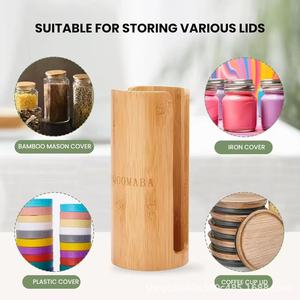 Qoomaba Wooden Lid Storage Box Round <b>Bamboo</b> Cup Organizer Desktop <b>Container</b> For Mason Jar Lids 10 Pcs Set - Product Image 5