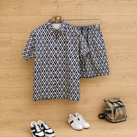 Set Kemeja dan Celana Pendek Pria Motif Chevron Geometris Retro Katun Kancing Depan Lengan Pendek Grosir Kustom