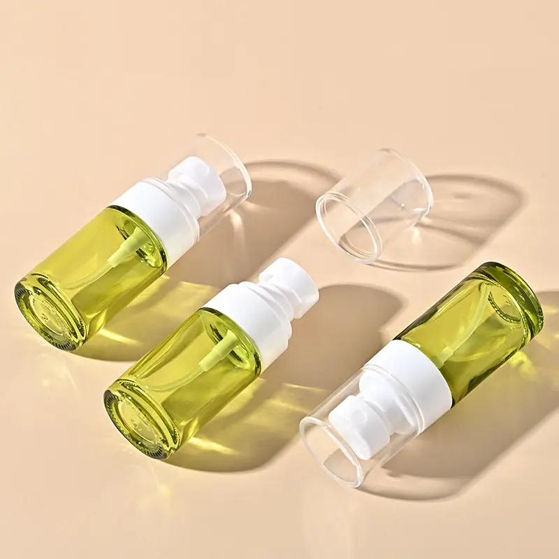 New arrival transparent olive green 20ml reply empty glass perfume essential oil spray bottle for cosmetic packaging