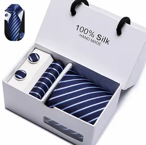 2022 wedding man silk tie cufflink with Hanky gift box set Custom Strip Fashion Style Polyester Neckties Ties Set Box for men