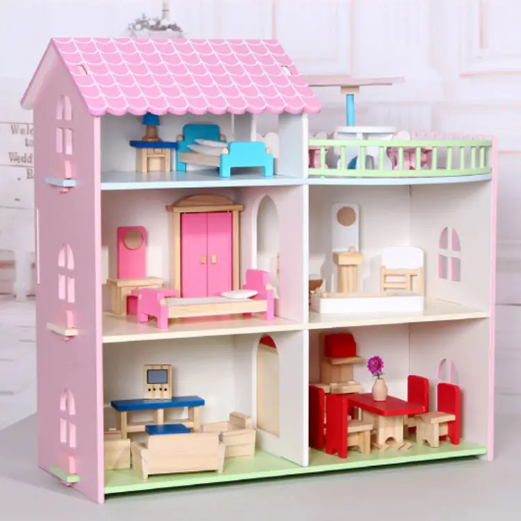 कस्टम बच्चों नाटक खिलौने शैक्षिक लकड़ी बच्चों Diy गुड़िया बड़ा लकड़ी गुड़िया घर