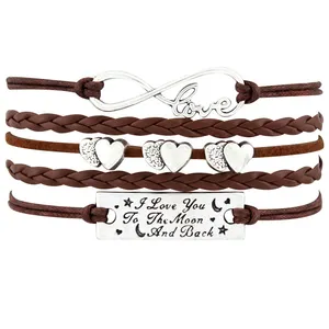 Factory Custom Made Infinity Love I Love You to the Moon and Black Leather Jewelry Men Bracelets for Women