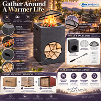 Brasero carré en acier robuste effet pierre avec rangement pour bois de chauffage, grille et pique-foyer pour patio extérieur, jardin et camping