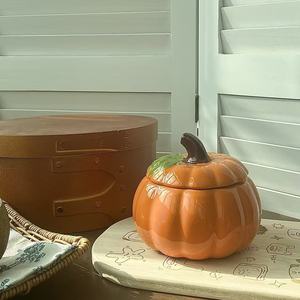 <b>Ceramic</b> pumpkin bowl with lid, rustic style, creative hand-painted seasoning jar, condiment jar, steamed <b>egg</b> bowl, candle jar, - Product Image 2