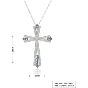 Religious Cross Pendant <b>Necklace</b> 0.77 Cttw Cut White <b>Blue</b> Diamonds Rhodium Plated 925 Sterling Silver 18 Inch for Women - Product Image 2