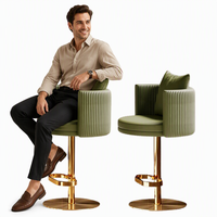 Chaise de bar moderne en cuir, hauteur réglable, tabouret pivotant, dossier côtelé, siège rembourré, base dorée pour salon