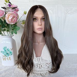 Vendita Calda in Israele Parrucche con Frontale in Pizzo <span class=keywords><strong>e</strong></span> Top in Seta 100% Capelli Umani Vergini Marroni con Riflessi Naturali Ondulati - Product Image 3