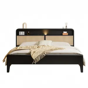 The latest modern bedroom solid wood bed headboard storage design queen king size double wooden bed for apartment bedroom