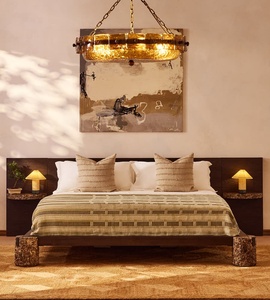 Base de Cama de Madera Maciza Quemada Estilo Wabi Sabi Personalizada, Cama Baja con Mesa Lateral de Piedra Integrada y Patas de Tronco de Piedra Natural - Product Image 1
