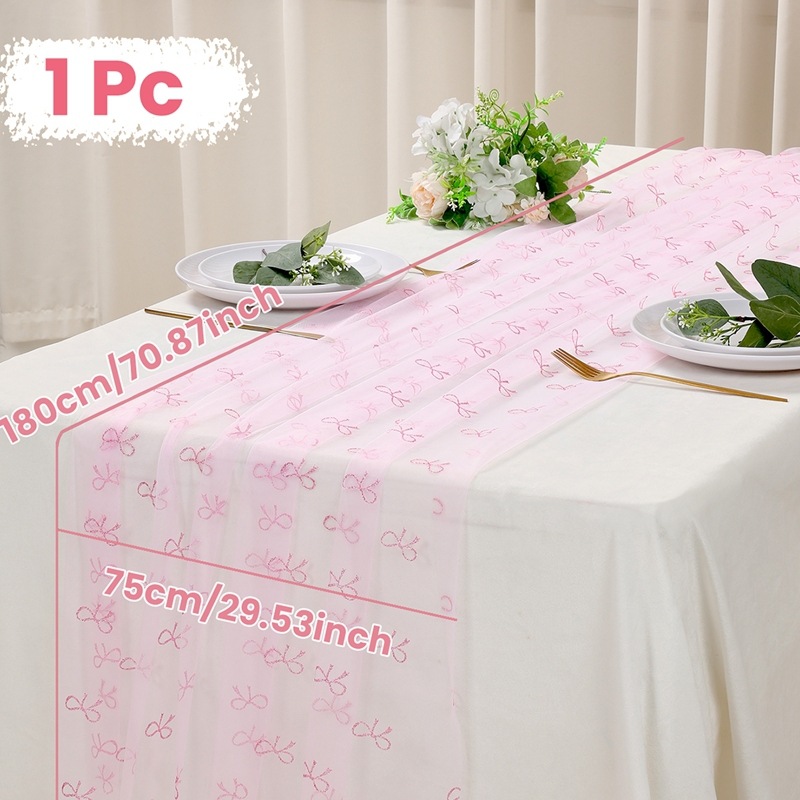 Drapeau de table en gaze rose avec nœud rose, thème nœud papillon