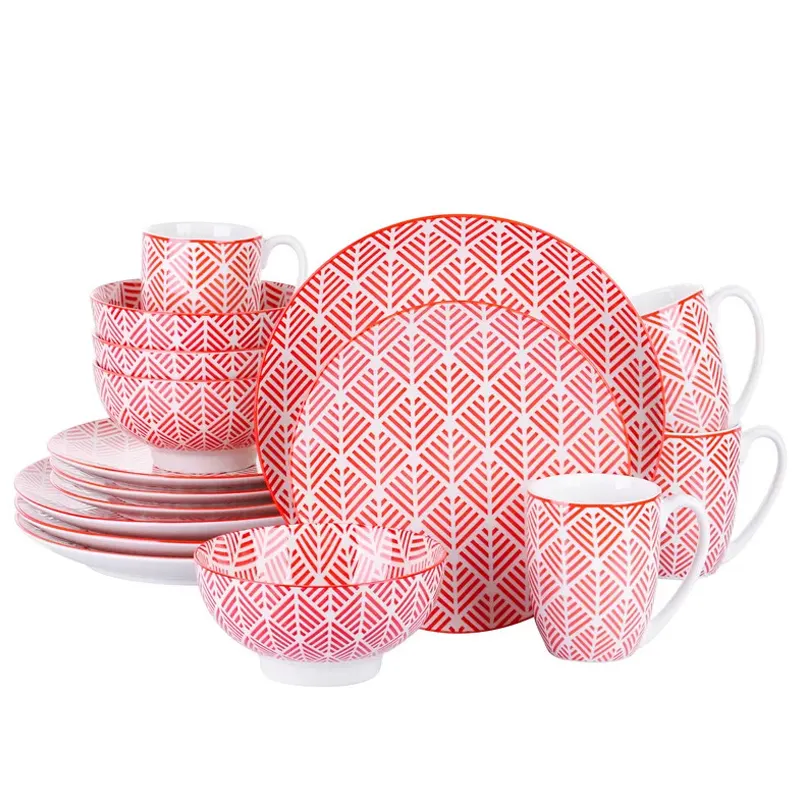 16 buah Set alat makan keramik, mug peralatan makan porselen Cina merah desain Natal berfungsi untuk 4 buah
