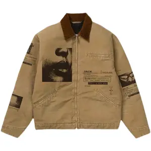 Logo personalizzato serigrafia con lavaggio acido tinto giacca da lavoro vintage color marrone chiaro oversize da lavoro giacca da uomo