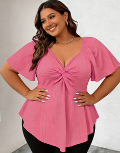 Blusa de Verano para Mujer Talla Grande, Color Rojo Rosa, Fibra de Leche, Cuello en V, con Nudos, Diseño 3D, Casual, Manga Corta, Multi-estación, Disponible - Product Image 2